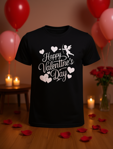 T-Shirt per San Valentino, Design Cupido e Cuore in Bianco e Nero, Maglietta Casual da Uomo, Collo Tondo, Manica Corta, Taglia Grande, 100% Cotone 180g - Product Image 2