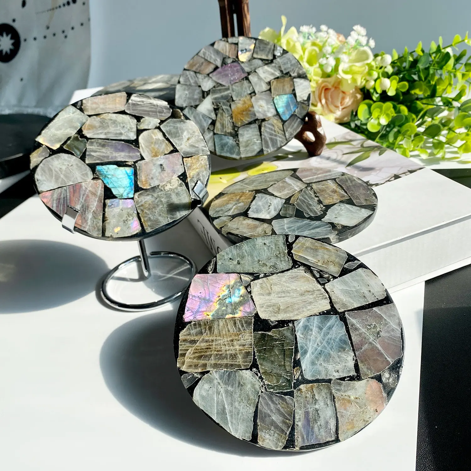 Vente en gros d'ornements de disque de labradorite spécimens minéraux en pierre originaux assiettes en spirale cadeaux de décoration pour la maison