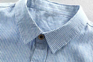 เสื้อเชิ้ตผ้าลินินแขนยาวแฟชั่นใหม่สำหรับผู้ชาย สไตล์ลำลอง ลายทาง คอปกพับได้ ระบายอากาศได้ดี - Product Image 5