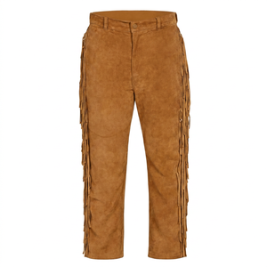 Pantalon en cuir véritable pour homme, coupe droite taille haute, décontracté, avec franges et pompons, style automne - Product Image 1