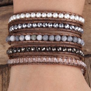 צמיד המטיט עור נשים עור המטיט בעבודת יד 5 גדילי אבן טבעית קריסטל זכוכית פנינה 5 צמידים לעטוף - Product Image 2