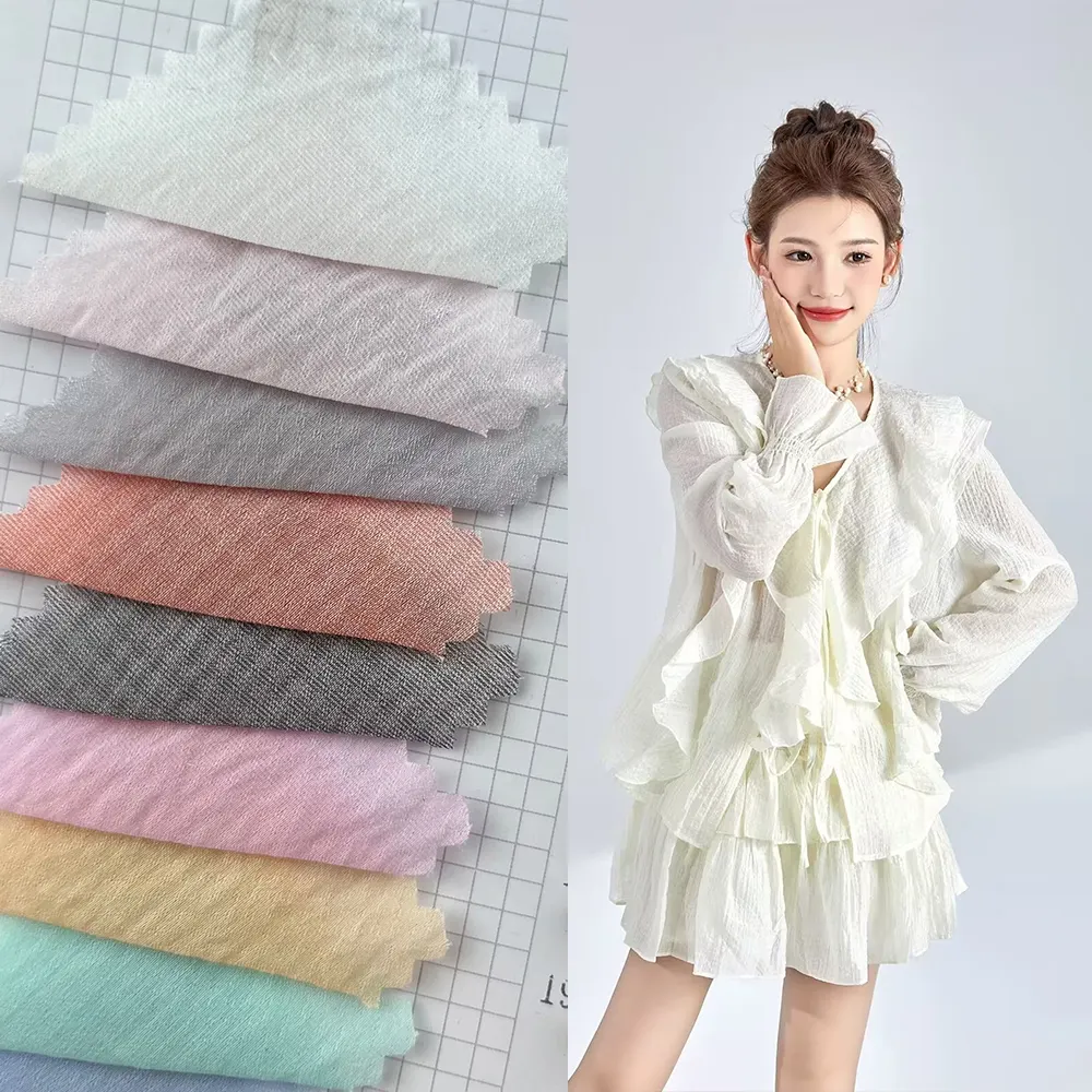 Tùy chỉnh 65gsm seersucker siêu mềm của phụ nữ quần áo lụa nhăn Chiffon pha trộn 32% Nylon 65% Lyocell vải