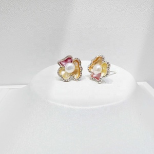 Precio de fábrica, pendientes de plata 925, coloridos, de verano, finos, para niñas, vintage, negros, únicos, con esmalte, flor, mariposa, perla. - Product Image 5