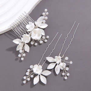 Set de Accesorios para el Cabello de Novia Hechos a Mano con Perlas y Flores, Peineta Floral de Arcilla, 2 Horquillas en Forma de U, Tocado de Boda con Pedrería - Product Image 2