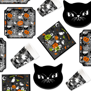 DAMAI New Halloween Black Cat-<b>head</b> Bat Pumpkin-themed Disposable Paper Plates Cups and Napkins for Halloween Party Supply - Product Image 2
