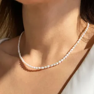 Collar de perlas de imitación eManco de 3 mm, ovalado, blanco, de acero inoxidable, cadena para clavícula para mujer, venta directa de fábrica. - Product Image 3
