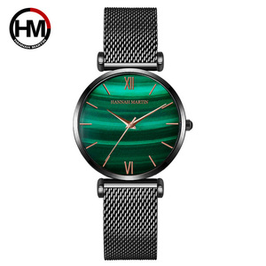 Montre-bracelet analogique étanche pour femme HANNAH <span class=keywords><strong>MARTIN</strong></span> 152 de luxe avec <span class=keywords><strong>pierre</strong></span> verte, bracelet en cuir, en stock - Product Image 3
