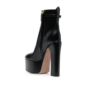 Bottines courtes noires à bout rond pour femme, en cuir véritable, à plateforme, talon bloc haut, avec fermeture éclair, chaudes pour l'hiver - Product Image 3
