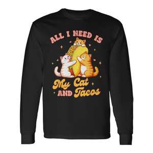 T-shirt a maniche lunghe con stampa digitale unisex girocollo per adulti con scritta 'All I Need Is My Cat And Tacos' - Product Image 1