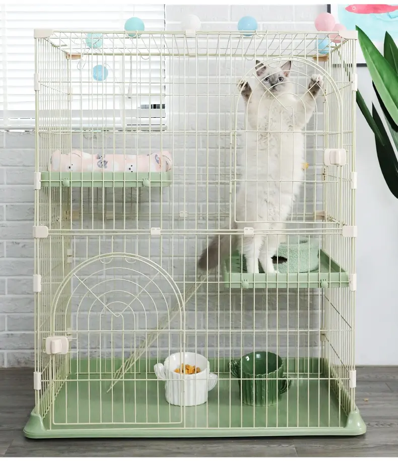 قفص للقطط داخلي مزدوج الرفوف متعدد الطبقات قابل للطي ثلاثة أنواع من قفص القطط الأليفة الفاخر قفص من الفولاذ للقطة الفيلا