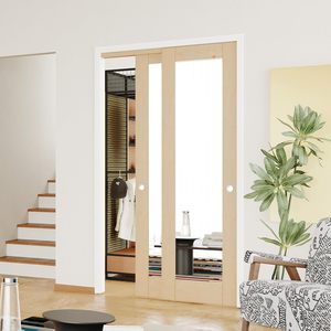 Portes de placard miroir intérieures postmodernes en fibre de verre, 2 panneaux coulissants, ouverture 1 vitre, quincaillerie, rail de guidage au <span class=keywords><strong>sol</strong></span>, armoire en bois massif - Product Image 2
