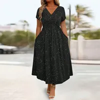 Robe élégante à col en V et manches courtes en polyester pour les occasions estivales, disponible en plusieurs couleurs et tailles