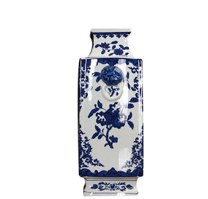 Di alta qualità cinese antico blu e bianco porcellana quadrato vaso di pesca doppio orecchio testa di leone per la decorazione della casa - Product Image 6