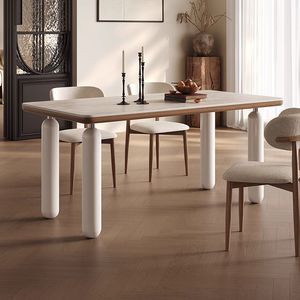Juego de Mesa y Sillas de Comedor Estilo Nórdico, Madera Sólida con Cubierta de Mármol, Rectangular, Color Crema Moderno, para Hogares Pequeños - Product Image 2