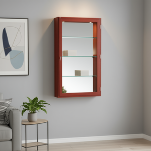Vitrine suspendue avec porte à charnières verrouillable et 3 étagères en verre trempé, dos miroir, hauteur 85 cm, finition bois cerisier - Product Image 3