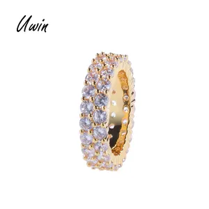 Cincin Hip Hop Iced Out 2 Baris Kuningan CZ Model Tennis untuk Wanita Pria Desain Cincin Sederhana Perhiasan Bling - Product Image 1