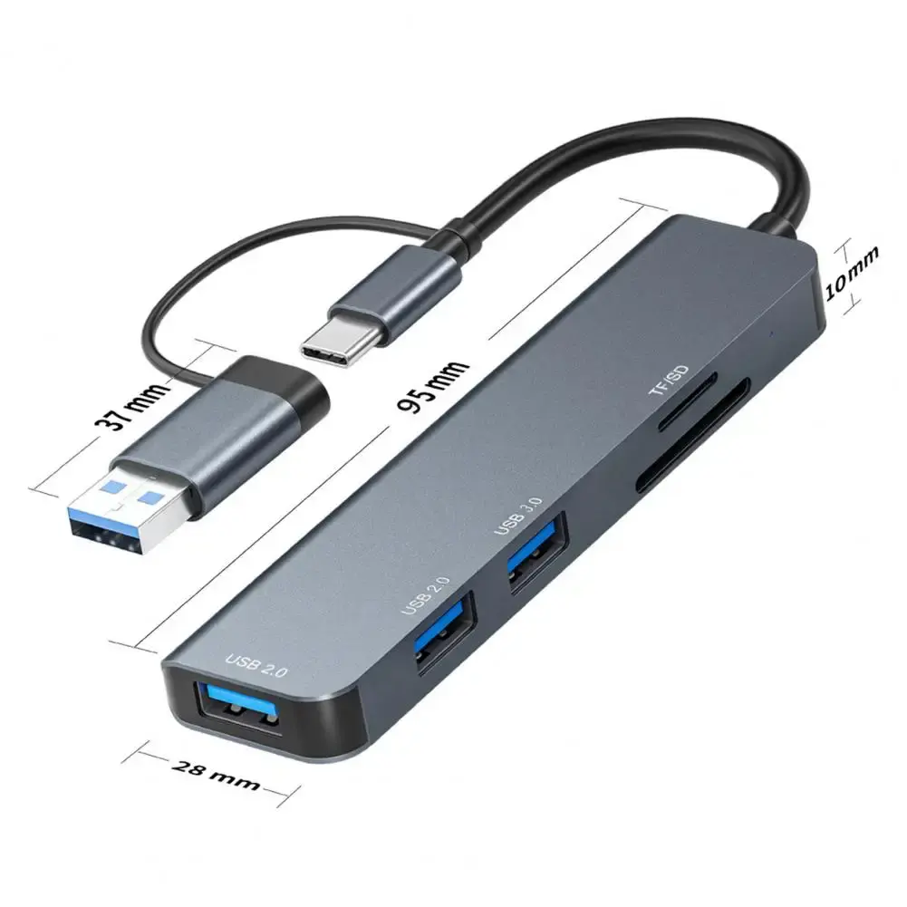 สถานีเชื่อมต่อ USB 5 1 USB 2/3.0 อลูมิเนียมอัลลอยด์ความเร็วสูง Type-C อะแดปเตอร์ฮับ 2 ตัวเชื่อมต่อเครื่องอ่านการ์ด TF อินเทอร์เฟซ USB 2.0