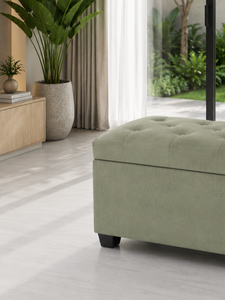 Pouf de rangement moderne en tissu vert avec dessus capitonné pour salon - Product Image 2