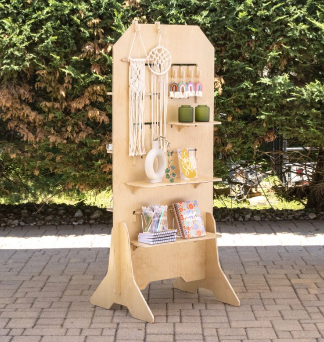 Apache Customized Portable Wooden Floor Standing Display with Configurable Shelves, Hooks, Pegs — view 2