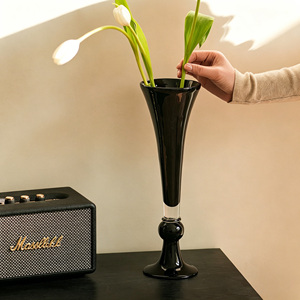 <span class=keywords><strong>Vase</strong></span> en verre noir rétro sur pied, récipient de luxe esthétique Hepburn, centre de table design de niche pour arrangement floral - Product Image 2