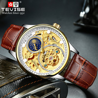Montre mécanique pour homme TEVISE T820A, boîtier en métal personnalisé, bracelet en cuir, affichage des phases lunaires, résistance à l'eau 30M, vente en gros