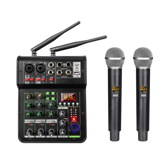 2023 New 4-Channel Audio Mixer DJ Karaoke Recording Console 2-in-1 UHF Wireless Microphone with Mixing Console
