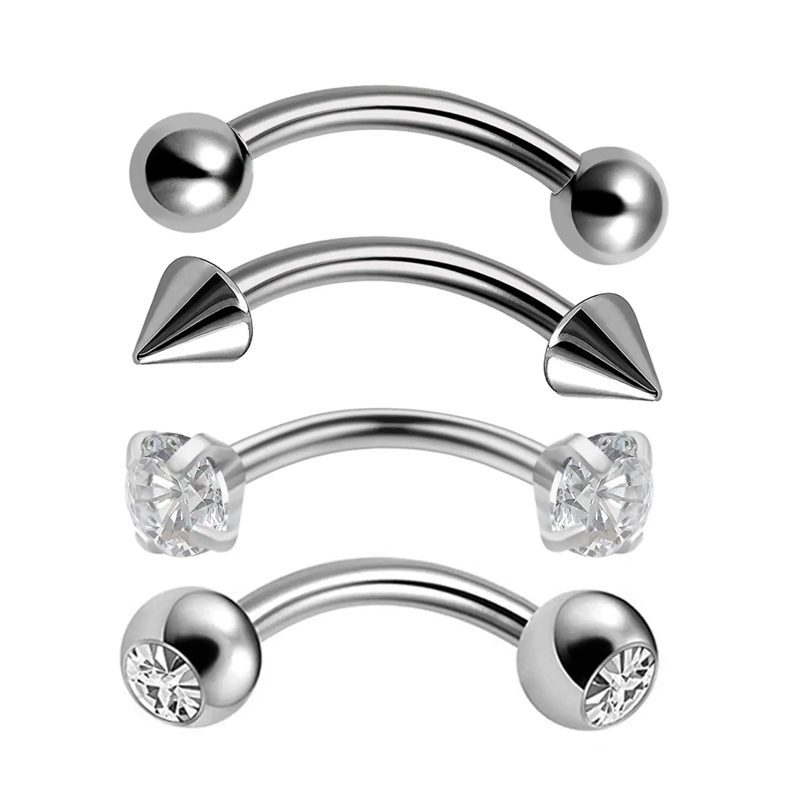 G23 Curved Eyebrow Ball Bezel CZ Tragus Helix Ear Belly Lip Nipple Tongue Ring Titanium Body Piercing Jewelry for Women Men Girl