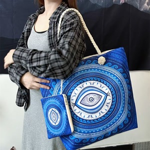 Bolsa de Playa de Lona con Estampado de Verano, de Gran Capacidad, Reutilizable, con Asas para el Hombro, con Logotipo, para Mujer, Ojo de <span class=keywords><strong>Diablo</strong></span>, 2 Piezas - Product Image 1