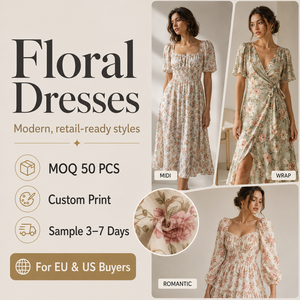 <span class=keywords><strong>Robe</strong></span> en viscose à imprimé floral personnalisé pour le marché UE/US, échantillon de qualité AQL 1.25, livraison en 3-7 jours, MOQ 50, robes mi-longues haut de gamme, OEM - Product Image 1