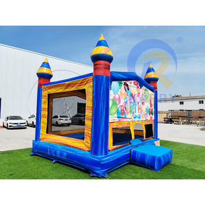 Château gonflable à thème anniversaire avec tourelle arc-en-ciel bleue pour fêtes d'enfants et location commerciale pour carnavals - Product Image 2