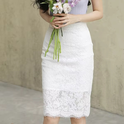Trendy Products 2025 Elegant White Midi Lace Skirts High Waist Wrap Women's Midi Skirt