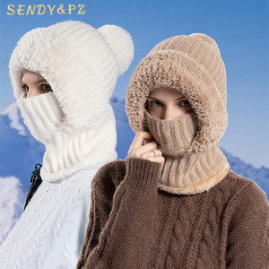 Bonnet d'hiver en tricot chaud et coupe-vent pour femmes, <span class=keywords><strong>cagoule</strong></span> de cyclisme 3 en 1, bonnet en peluche épais à pompons. - Product Image 1