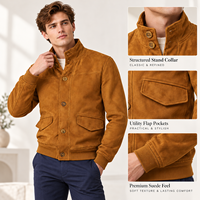 Veste bomber en daim personnalisée avec logo, col montant, marron vintage, pour l'hiver, veste oversize pour homme, vêtements d'extérieur décontractés