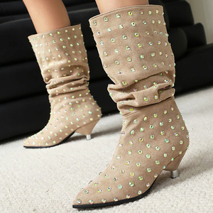 Big Size 46 Pleated Upper Mid Calf Boots Pointed Toe Suede Shoes Women Low Spike Heels Bling Rhinestone Half Knee High <b>Booties</b> - Product Image 2