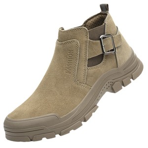 Men's Welder Safety Shoes Steel Toe Anti Smashing Anti Puncture Anti Slip Construction Work Boots Khaki Middle Cut Elastic Band - Product Image 4