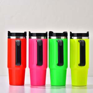 Gobelet isotherme en acier inoxydable H2.0 de 30 oz, rose fluo, avec paille, pour café et boissons chaudes, modèle vierge - Product Image 3