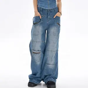 Custom plus size women's jeans pants for women cargo baggy jean pants