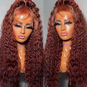33 #   Perruques en <span class=keywords><strong>cheveux</strong></span> humains bouclés à ondulation d'eau, <span class=keywords><strong>couleur</strong></span> brun <span class=keywords><strong>auburn</strong></span> rouge, longues, avec fermeture en dentelle frontale suisse HD 13x4, fournisseurs de perruques - Product Image 2
