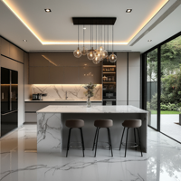 Îlot de cuisine moderne et minimaliste sur mesure en panneau mélaminé avec comptoir en marbre, robinet inclus, pour la restauration, destiné aux promoteurs immobiliers