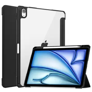 Voor Ipad Air 11 2024 Hoesje Met Potloodhouder, Doorzichtige Achterkant Pu Lederen Folio Stand Slimme Tablet Hoes Voor Ipad Air 11 Inch 6e Gen