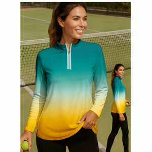 قميص تدريب نسائي مخصص للجولف والكرة الطائرة بطباعة متدرجة، بأكمام طويلة وسحاب نصفي، سريع الجفاف، ملابس رياضية ولياقة بدنية باللونين الوردي والأرجواني - Product Image 2