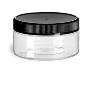 BPA FREE 4 oz Transparent low profile PET single wall Bath Salt jar with 89/400 black ribbed smooth lids Plastic Hair cream jars