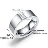 Bague large en acier inoxydable de 8 mm avec incrustation de zircon rectangulaire 4x8 mm, polie, unisexe, en stock, vente en gros