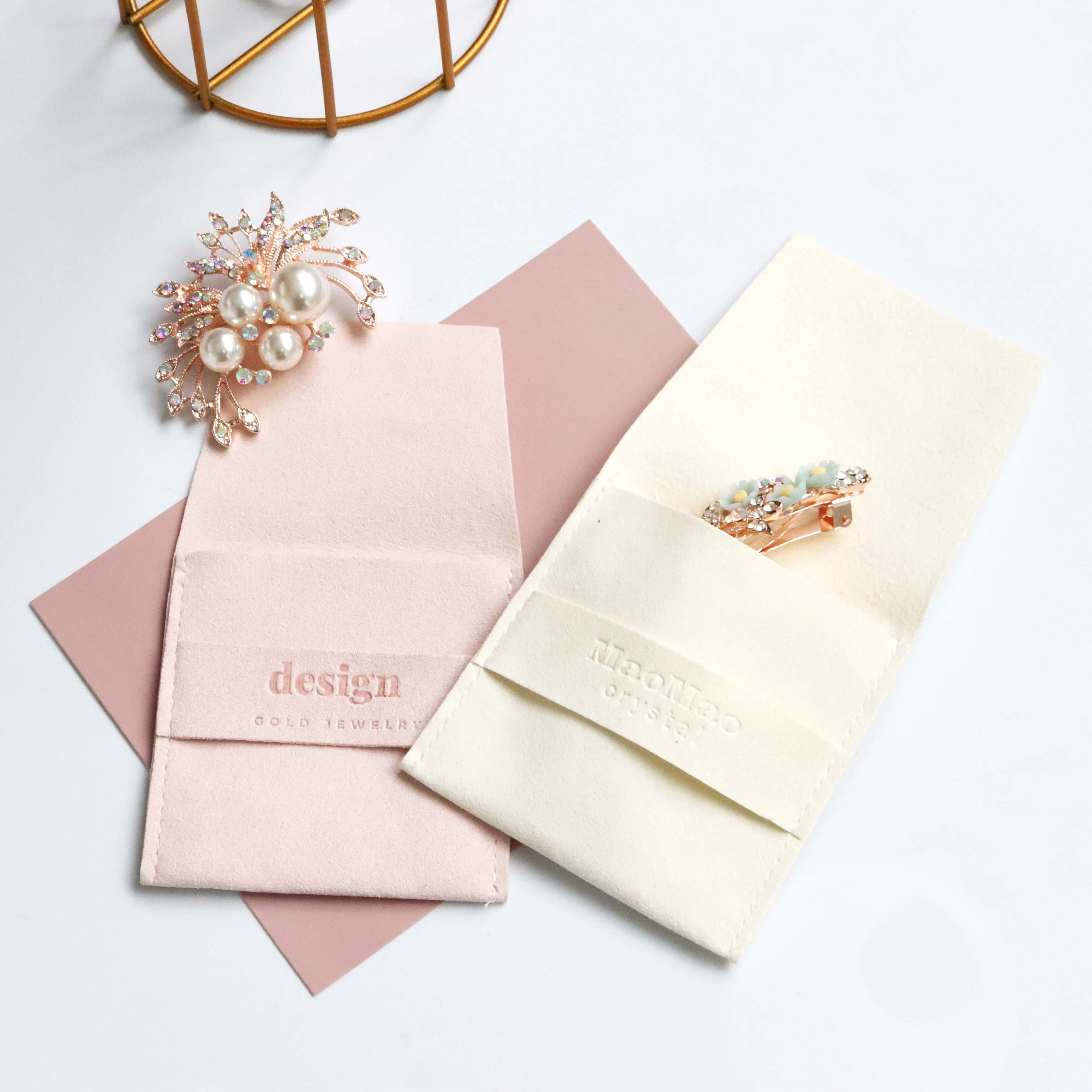 Customized Luxury Logo Pochette Bijou beige suede Jewelry Bags Drawstring Bag mini accessories Pouch