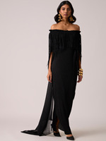 Robe longue plissée élégante à épaules dénudées avec franges et pompons, 100 % polyester, coupe ajustée, taille haute, pour soirée et cérémonie