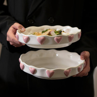 Assiette à dîner en céramique à motif cœur rose, style luxe léger, design original fait main, style girly mignon, assiette à dessert et à fruits