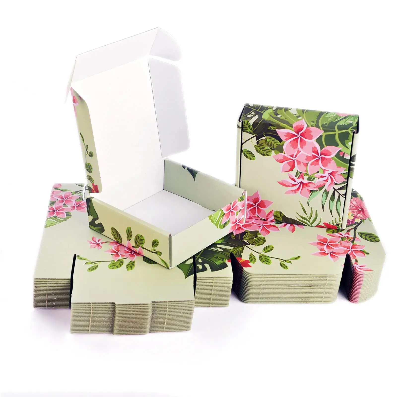 Recycelbare 6 × 6 × 2 Zoll Versandkartons Verpackungsbox aus Kosmetik-Papier wellpappe für kleine Unternehmen hawaiianische Blume Floral