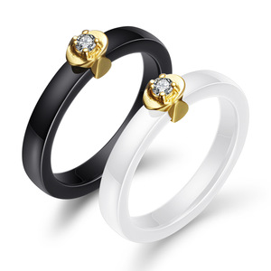 Bague en céramique et or 18 carats avec diamant rond taille brillant blanc et noir, bijou unisexe pour usage quotidien - Product Image 1