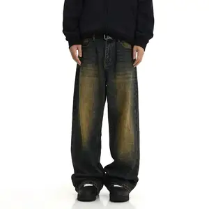 빈티지 올드 워시 청바지 남성 아메리칸 하이 스트리트 옐로우 진흙 염색 걸레 바지 스트리트 슬랙스 스트레이트 레그 팬츠