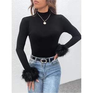 Top de punto acanalado de manga larga con cuello simulado, suave y ajustado, para mujer, estilo casual - Product Image 4